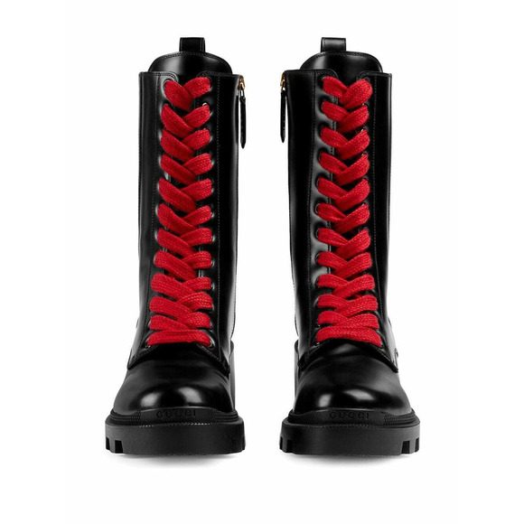 Gucci Trip Black Leather Red Green Web Stripe Mid Calf Block Heel Combat Boot 35 - Picture 6 of 12